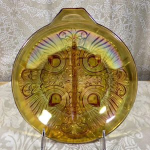 Vintage Carnival Glass Iridescent Marigold Footed Two Section Dish